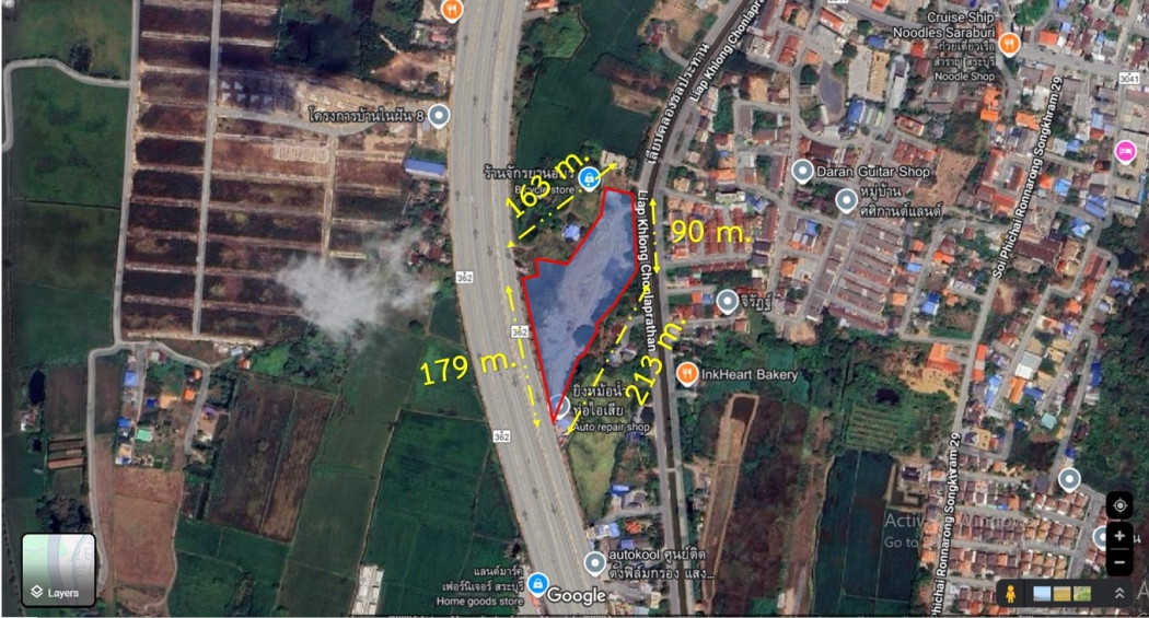 Land for sale in Saraburi, on the Saraburi bypass road,size 10 rai, 1 ngan, 47 sq w, filled in.