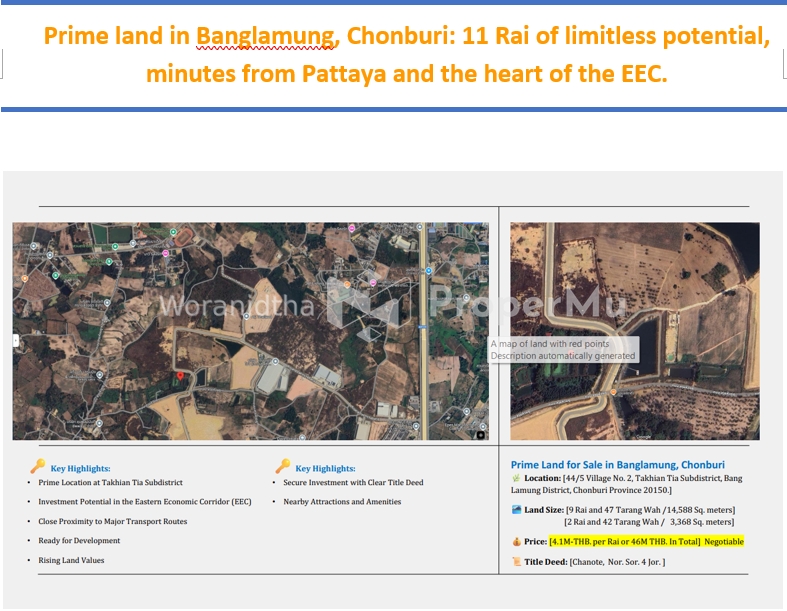 Prime land in Banglamung, Chonburi: 11 Rai of limitless potential, minutes from Pattaya and the hear